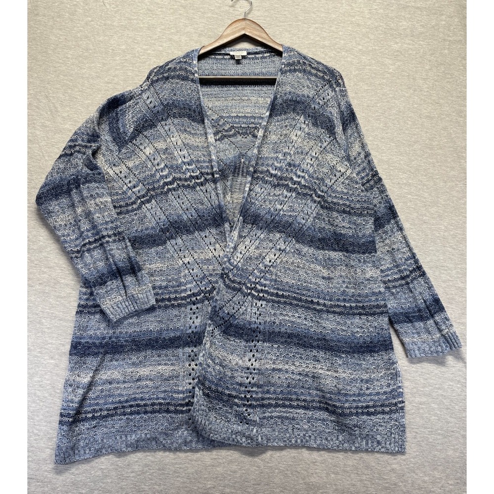 Avenue Cardigan Sweater Women 26/28 Light Blue Striped Acrylic Open Front Winter